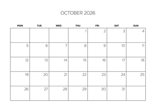October 2026 Minimalist Wall Calendar Page Corporate Project Management Layout
