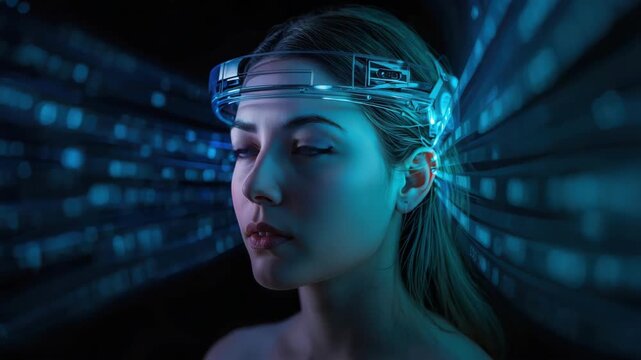 Young woman futuristic headband neural interface with glowing data streams serene contemplative