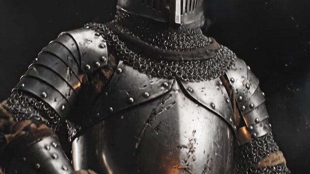 Medieval Knight in Full Armor with Sword and Helmet in a Smoky Atmosphere.