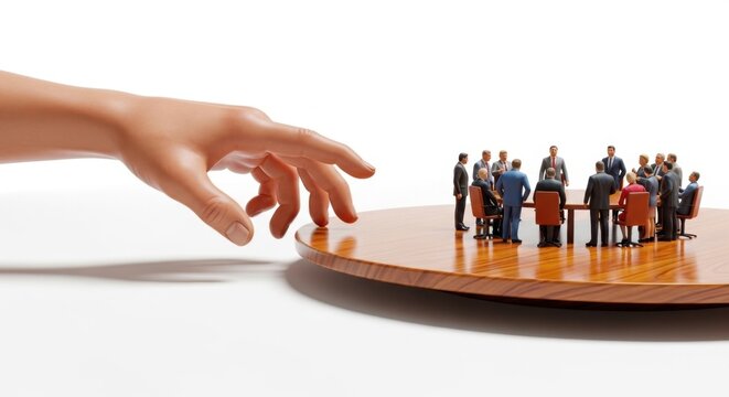 Giant Hand About to Touch Mini Business Meeting