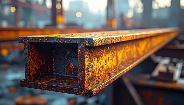 Detailed view of a heavily rusted steel girder segment with textured corrosion and industrial background
