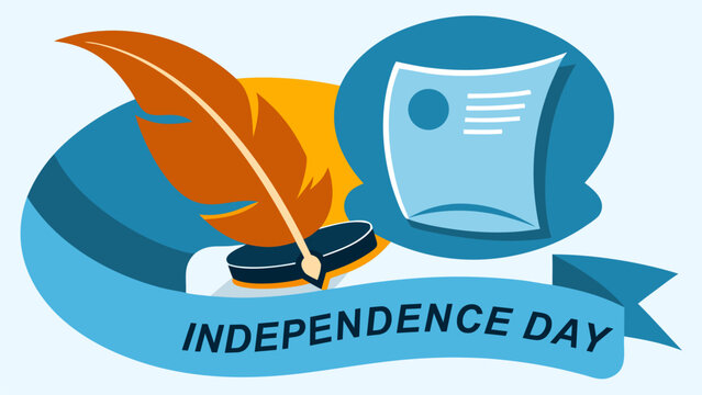 Flat vector illustration of feather pen and document for Independence Day. American history and declaration concept for July 4 holiday design, education poster, and patriotic branding.