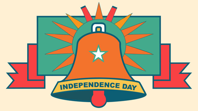 Flat vector illustration of Liberty Bell with ribbon and sunburst background. American Independence Day symbol for July 4 celebration, patriotic poster, banner, and festival design.