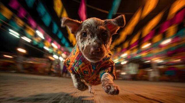 Cachorro Junino Correndo em Festa Caipira com Bandeirinhas Coloridas