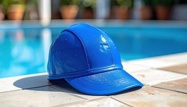 Shiny Blue Swimming Cap Resting by a Pool on a Sunny Day