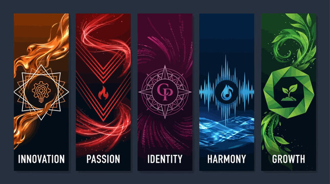 Dynamic visual compilation of essential abstract principles for fostering strategic success and holistic progress, encompassing innovation, passion, identity, harmony, and sustainable growth