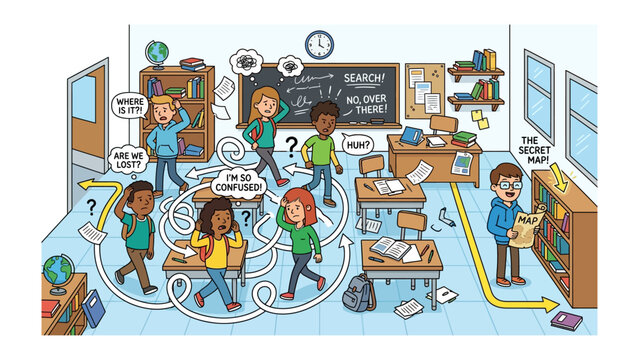 Classroom Confusion: A chaotic classroom scene depicts diverse students grappling with confusion and seeking answers, surrounded by scattered papers, perplexing thought bubbles, and a mysterious map.