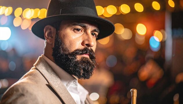 Soulful Jazz Musician with a Fedora and Beard, Captured in a Moody Close-Up Portrait Amidst Bokeh Lights