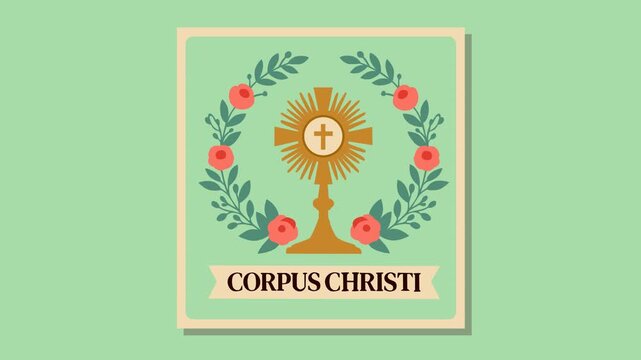 Religious Corpus Christi footage featuring a golden monstrance with floral decorations on a pastel background. Perfect for church presentations, worship events, and spiritual celebrations.