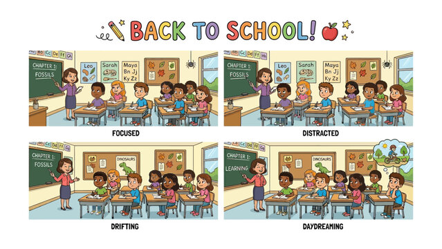 Back to School Focus and Distraction Comparison: A comparative illustration showcasing four classroom scenarios, highlighting students' attention levels from focused and diligent to distracted.