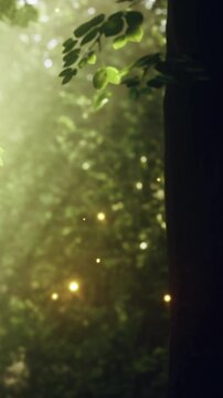Small lights appear among the trees as fireflies move in the forest. The scene shows a tall tree with a soft background of green leaves and dim light in the evening.