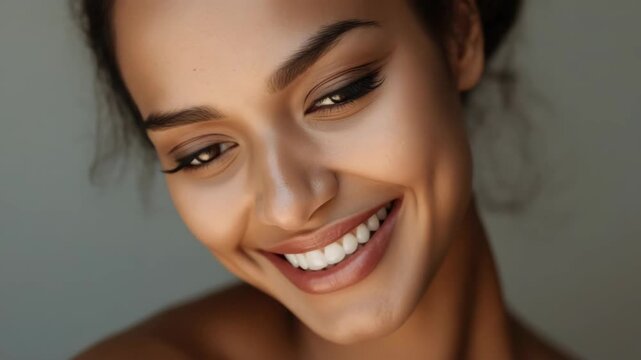 Smiling woman close up portrait with dimples natural makeup closed up warm soft lighting