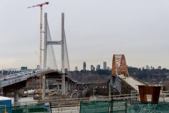 Pattullo Bridge Demolition and Construction Replacement Over Fraser River in New Westminster, Vancouver BC Canada