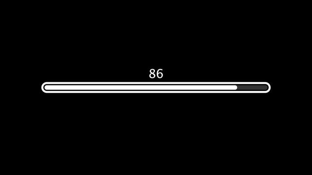 Minimal digital loading progress bar animation counting from 1 to 100 percent on a black background. Perfect for UI design, software loading screens, download progress indicators, buffering concepts, 
