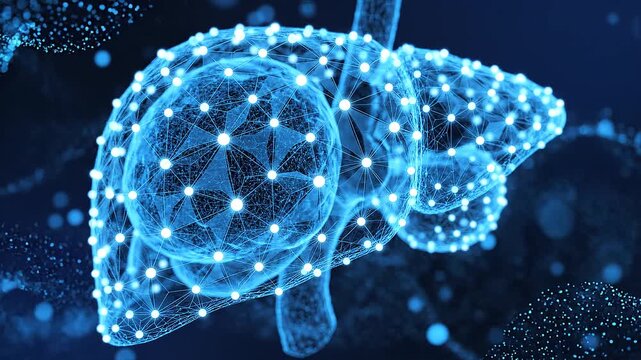 Futuristic digital human liver with glowing plexus network