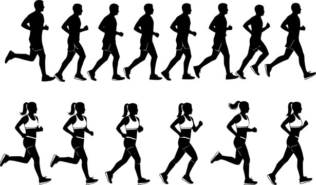 Running men and women, isolated vector silhouettes. Run, side view. Silhouettes of athletic looking male and female runners running. Monochrome vector illustration. Transparent EPS version.