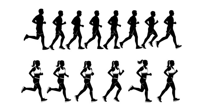 Running men and women, isolated vector silhouettes. Run, side view. Silhouettes of athletic looking male and female runners running. Monochrome vector illustration. JPEG version.