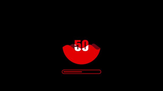 Modern digital loading bar animation showing progress from 1 to 100 percent with glowing red neon style on a dark background. Perfect for technology, user interface, app startup, software update, gami