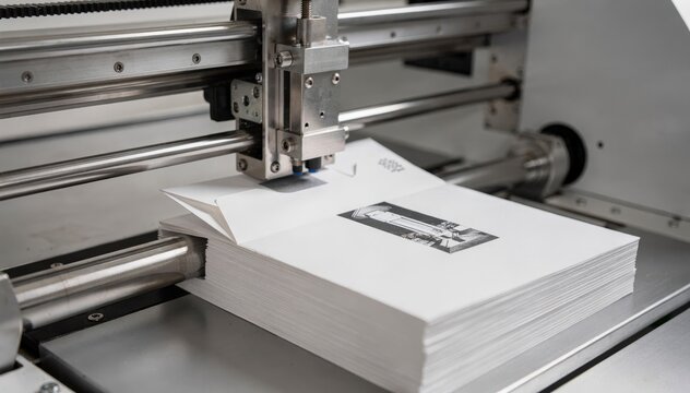 Medium shot of a printing unit expertly adding onecolor monochrome logo designs onto paper envelopes highlighting detailed craftsmanship in a sleek streamlined setup.