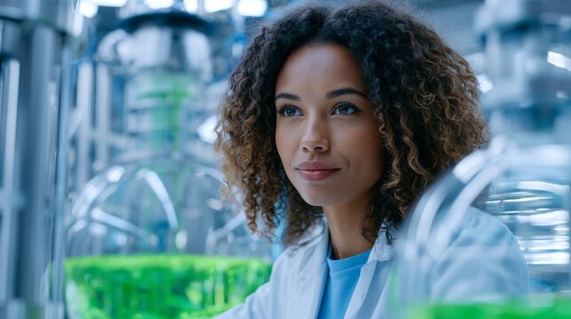 Black female scientist analyzes bioreactor in modern biotechnology lab with premium equipment and glowing bio-solution