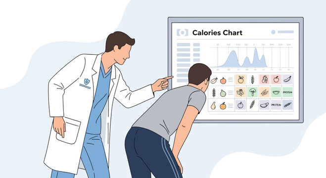 Doctor Explaining Calorie Chart Nutrition to Patient. Healthcare Concept.