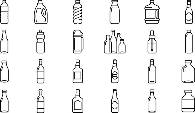 Plastic and Glass Bottle Line Icon Set with Beverage Containers, Oil Jugs, Medicine Dropper, and Cleaning Liquid Flasks for Packaging Product Design
