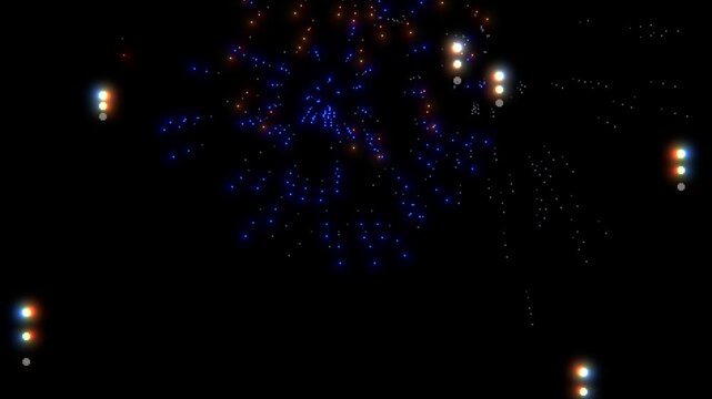Pixel art style fireworks and light particles explosions animation on black background