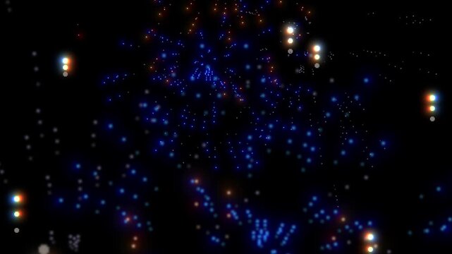 Pixel art style fireworks and light particles explosions animation on black background