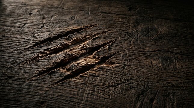 Deep beast claw marks scratched into a dark rustic wooden surface