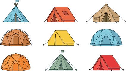 Camping Tent Vector Icon Collection Featuring Colorful Teepee, Dome, Bell, and Ridge Tents for Outdoor Recreation, Glamping, and Hiking Tourism Designs © MstJasmin