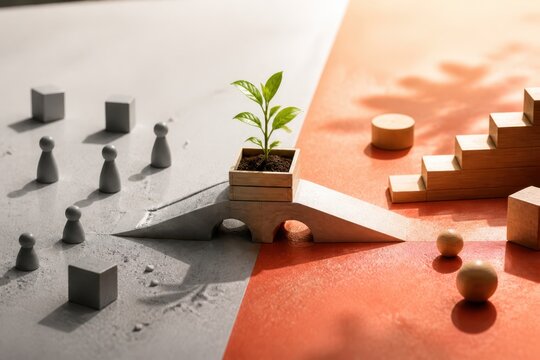 Symbolic balance between division and growth with a young plant bridging two opposing sides