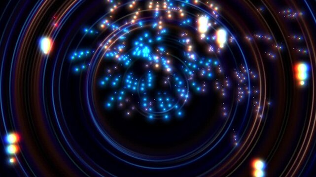 Fireworks and light particles exploding with circle shapes animation on black background