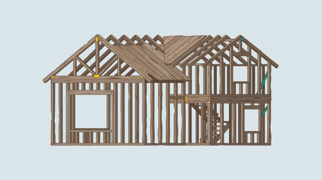 House Frame Construction Illustration - Wooden Timber Skeleton of a Residential Building with Roof Trusses and Stairs - Architecture and Real Estate Development Concept