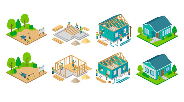 Isometric House Construction Stages Set showing Residential Building Process from Groundwork to Finished Home with Construction Workers and Equipment