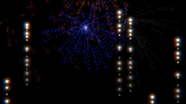 Pixel art style fireworks and light particles explosions animation on black background