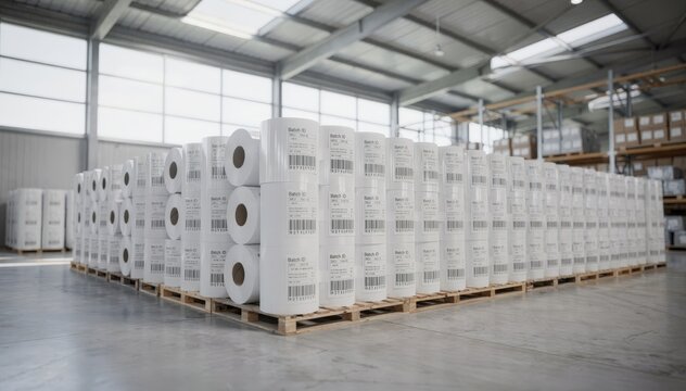 Daylightfilled medium shot capturing jumbo rolls arranged in a spacious warehouse with labels and barcodes visible highlighting inventory management and natural light.