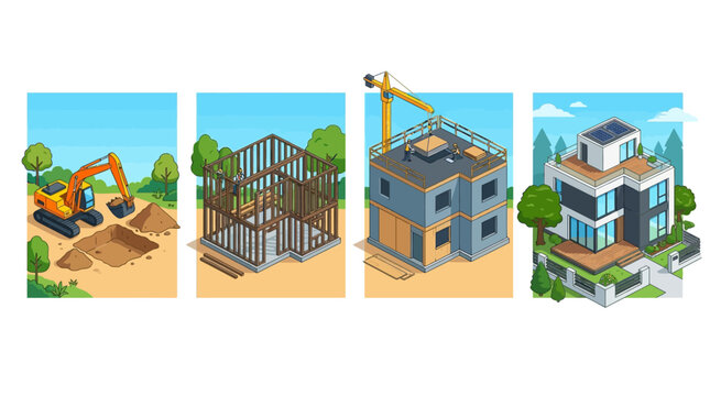 Isometric Vector Illustration Showing Four Stages of Residential House Construction from Foundation Excavation and Wood Framing to Final Modern Building with Solar Panels
