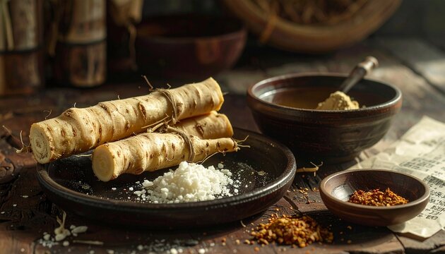 Fresh burdock roots and various spices displayed on a rustic wooden table, ready for culinary preparation.