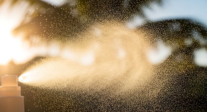 Sprayer bottle misting water droplets into golden sunlight, creating a refreshing atmosphere outdoors for hydration and natural wellness concepts