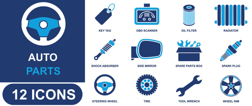 Auto parts icon set. Containing tire, engine, battery, gearbox, steering, brake, repair, automotive, mechanic, vehicle and more. Solid fill vector icons collection.