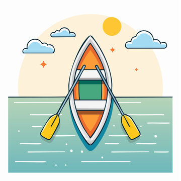 Rowboat with Oars on Water Under Sunny Sky