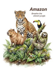 Fototapeta premium Tropical Amazon rainforest animals watercolor illustration featuring a jaguar, capybara, sloth, toucan, and red-eyed tree frog among jungle foliage.