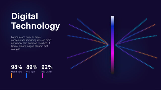 Digital Technology infographic template with data visualization, futuristic dark blue dashboard UI, neon glowing lines and percentage statistics vector