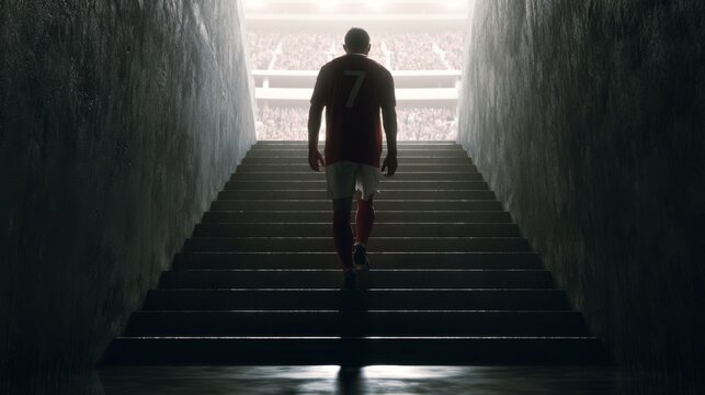 a full shot from behind of a male soccer player wearing a red jersey with the number 7 on the back, white shorts, and red socks, ascending a wide, dark concrete staircase Generative AI