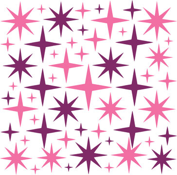 Retro mid-century starburst pattern, pink and purple atomic age stars, vintage 1950s style sparkle background, decorative celestial vector elements