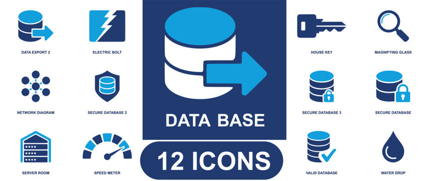 Data base icon set. Containing server, storage, cloud, backup, hosting, network, information, technology, security and more. Solid fill vector icons collection.