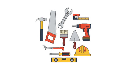 Naklejka premium Set of Construction and Home Improvement Hand Tools Flat Illustration - DIY, Carpentry, and Renovation Equipment Collection
