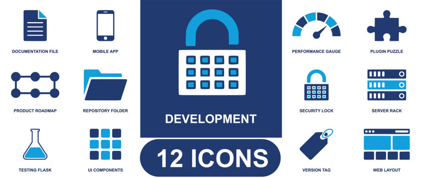 Development icon set. Containing coding, programming, software, application, web, mobile, technology, debugging, database and more. Solid fill vector icons collection.
