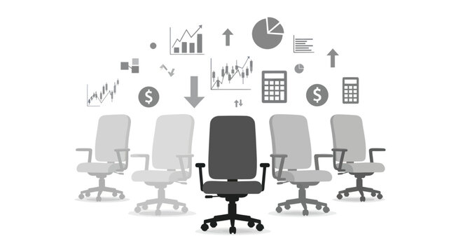 Business office chairs with financial charts and graphs overhead