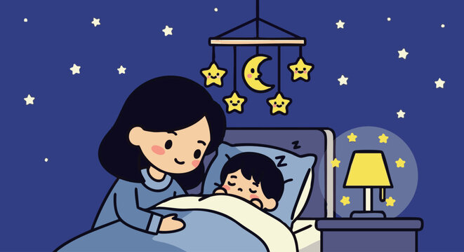 A mother tucking her child into bed at night, with a hanging nursery mobile, a glowing bedside lamp, and a starry blue background